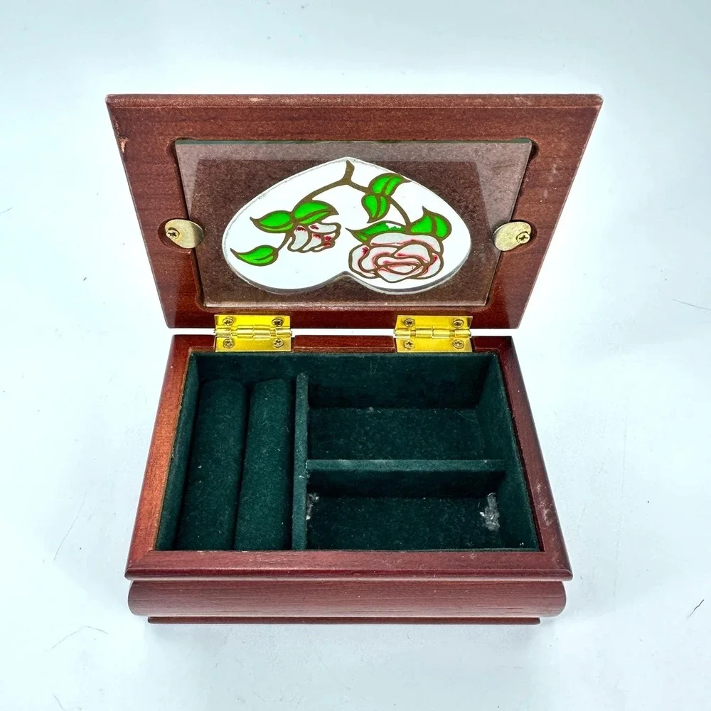 Vintage Wooden‎ Jewelry Box Heart Rose Cottagecore Keepsake Trinket Box